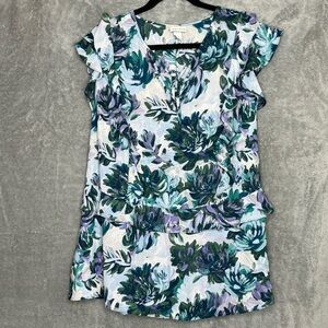 Ava & Viv 3X Tank Top Shirt Blue Floral Flower Sleeveless Keyhole V Neck Zipper